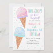 ピンクブルーアイスクリームツスクップジョイント誕生日 招待状 (正面)