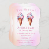 ピンクブルーアイスクリームツースクープ誕生日パーティー 招待状 (正面/裏面)
