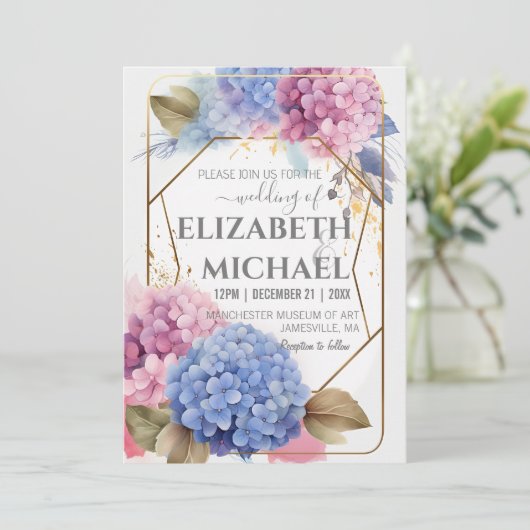 ピンクブルーアジサイの水彩色結婚の金ゴールド枠 招待状 (スタンド正面)