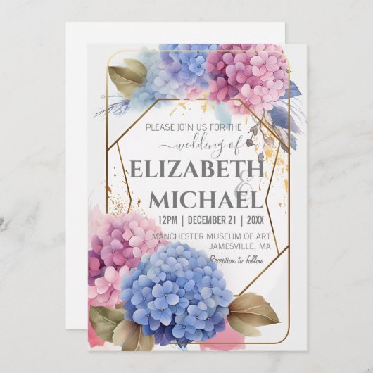 ピンクブルーアジサイの水彩色結婚の金ゴールド枠 招待状 (正面/裏面)