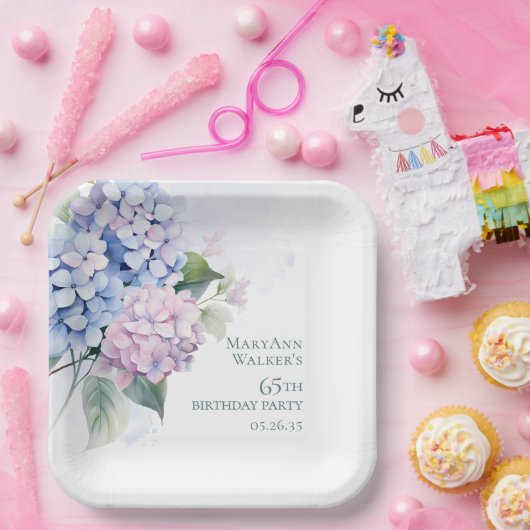 ピンクブルーアジサイ65誕生日 ペーパープレート (パーティー)