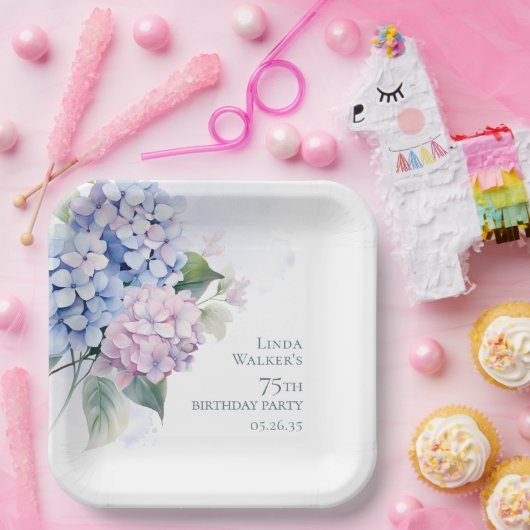 ピンクブルーアジサイ75誕生日 ペーパープレート (パーティー)