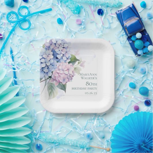 ピンクブルーアジサイ80誕生日 ペーパープレート (パーティー)