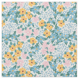 ピンクブルーイエローの花の花柄 ファブリック