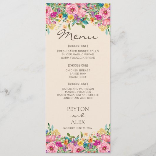 ピンクブルーイエローウォーターカラーボホワイルドフラワー メニュー (正面)