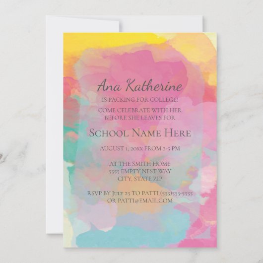 ピンクブルーイエローウォーター色フォトトランクパーティー 招待状 (裏面)