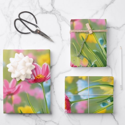 ピンクブルーイエローグリーンワイルドフラワーフィールド2025 ラッピングペーパーシート (正面)