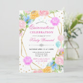 ピンクブルーイエローフラワーズ金ゴールドフレームキンセアニェラ 招待状 (スタンド正面)
