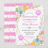 ピンクブルーイエローフラワーズ金ゴールドフレームキンセアニェラ 招待状 (正面/裏面)