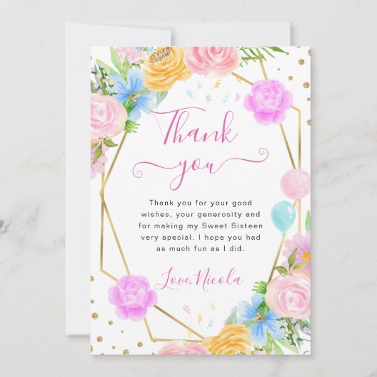 ピンクブルーイエローフラワーズ金ゴールドフレーム甘い16 サンキューカード (正面)