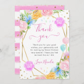 ピンクブルーイエローフラワーズ金ゴールドフレーム甘い16 サンキューカード (正面/裏面)