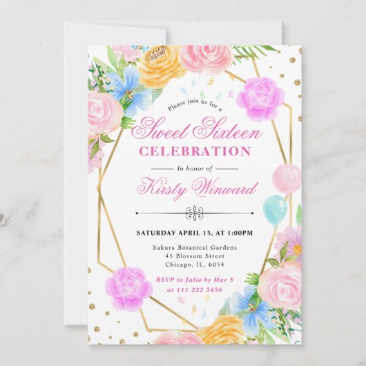 ピンクブルーイエローフラワーズ金ゴールドフレーム甘い16 招待状 (正面)