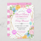 ピンクブルーイエローフラワーズ金ゴールドフレーム甘い16 招待状 (正面/裏面)