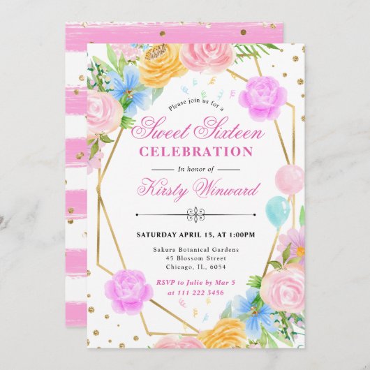 ピンクブルーイエローフラワーズ金ゴールドフレーム甘い16 招待状 (正面/裏面)