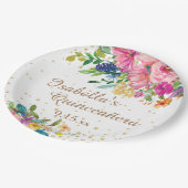 ピンクブルーイエローフローラキンセニェラ誕生日 ペーパープレート (アングル)