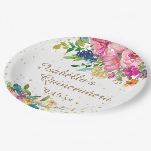 ピンクブルーイエローフローラキンセニェラ誕生日 ペーパープレート (アングル)
