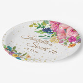 ピンクブルーイエローフローラスイーツ16誕生日名 ペーパープレート (アングル)