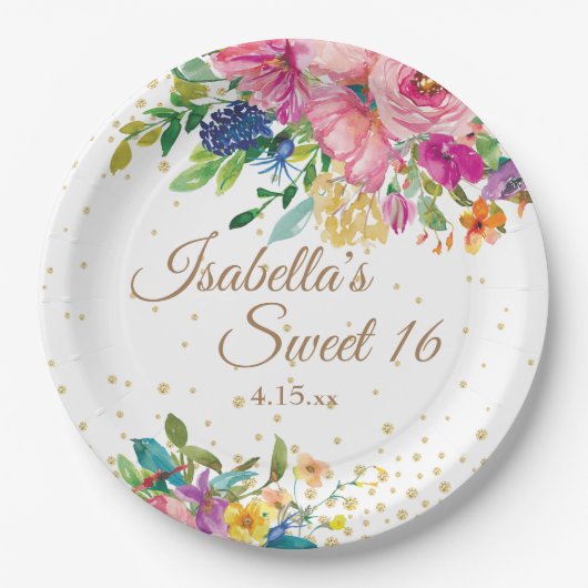 ピンクブルーイエローフローラスイーツ16誕生日名 ペーパープレート (正面)