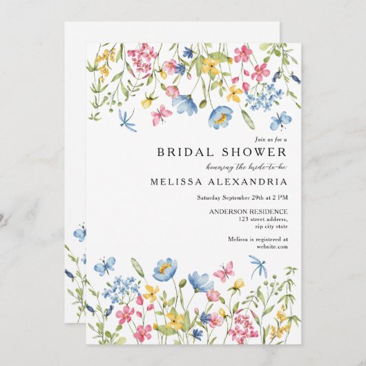 ピンクブルーイエローフローラワイルドフラワーブライダルシャワー 招待状 (正面/裏面)