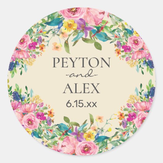 ピンクブルーイエローフローラ新郎新婦結婚ズ ラウンドシール (正面)