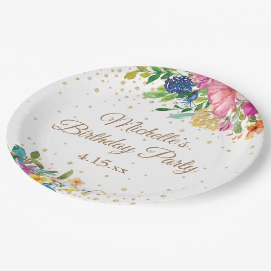 ピンクブルーイエローフローラ誕生会 ペーパープレート (アングル)