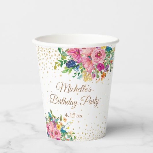 ピンクブルーイエローフローラ誕生会 紙コップ (正面)