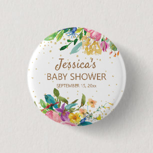 ピンクブルーイエローフローラ金ゴールドグリッターベビーシャワー 缶バッジ
