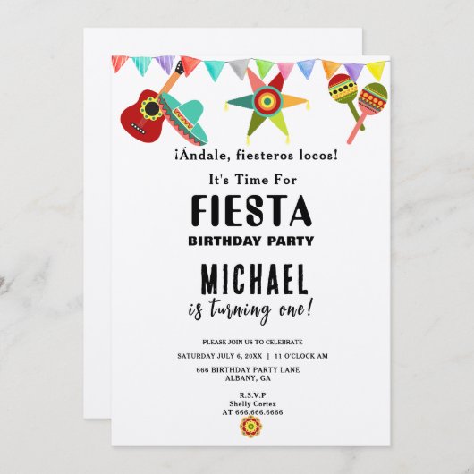 ピンクブルーイエローメキシコフェスタ誕生日 招待状 (正面/裏面)