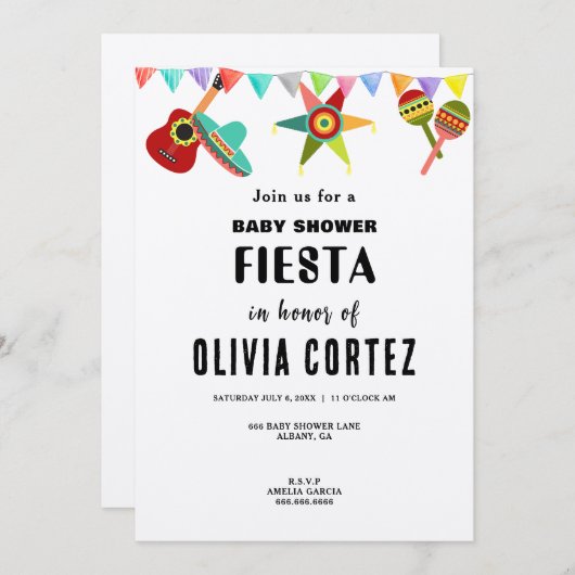ピンクブルーイエローメキシコフェスタ赤ちゃんシャワー 招待状 (正面/裏面)