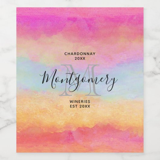 ピンクブルーイエローレインボーストライプワイン作り ワインラベル (シングルラベル)