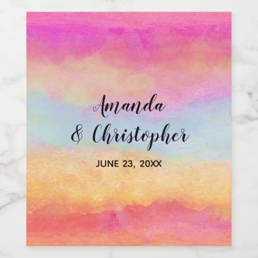 ピンクブルーイエローレインボーストライプ抽象芸術結婚ズ ワインラベル (シングルラベル)