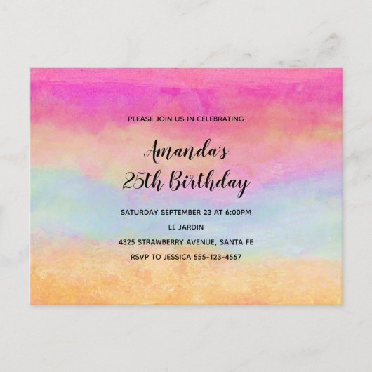 ピンクブルーイエローレインボーストライプ抽象芸術誕生日 インビテーションポストカード (正面)