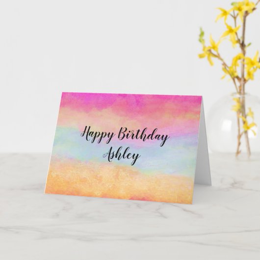 ピンクブルーイエローレインボーストライプ抽象芸術誕生日 カード (黄色い花)