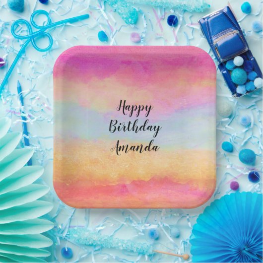 ピンクブルーイエローレインボーストライプ抽象芸術誕生日 ペーパープレート (パーティー)