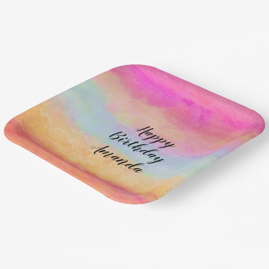 ピンクブルーイエローレインボーストライプ抽象芸術誕生日 ペーパープレート (傾斜あり)
