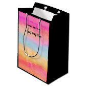 ピンクブルーイエローレインボーストライプ抽象芸術誕生日 ミディアムペーパーバッグ (裏面アングル)