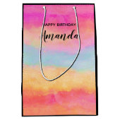 ピンクブルーイエローレインボーストライプ抽象芸術誕生日 ミディアムペーパーバッグ (正面)
