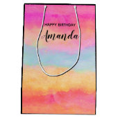 ピンクブルーイエローレインボーストライプ抽象芸術誕生日 ミディアムペーパーバッグ (裏面)
