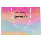 ピンクブルーイエローレインボーストライプ抽象芸術誕生日 ラージペーパーバッグ (正面)