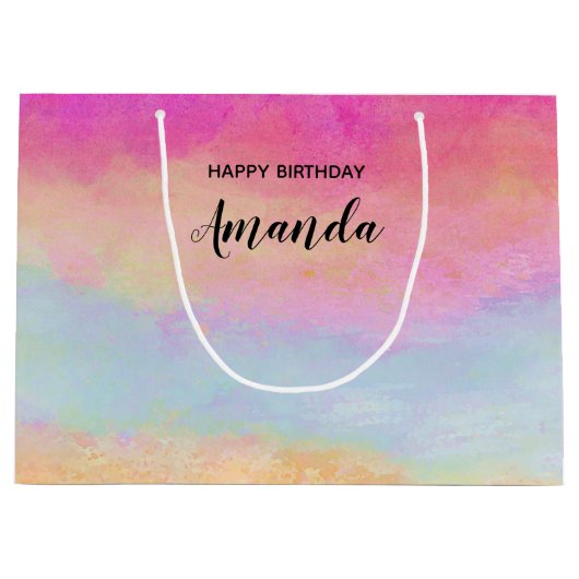 ピンクブルーイエローレインボーストライプ抽象芸術誕生日 ラージペーパーバッグ (正面)