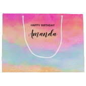 ピンクブルーイエローレインボーストライプ抽象芸術誕生日 ラージペーパーバッグ (裏面)