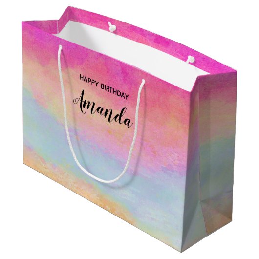 ピンクブルーイエローレインボーストライプ抽象芸術誕生日 ラージペーパーバッグ (裏面アングル)
