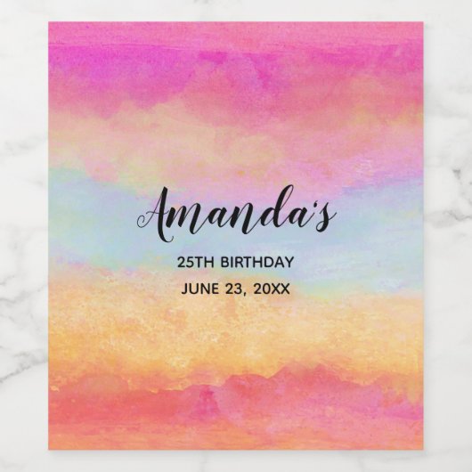 ピンクブルーイエローレインボーストライプ抽象芸術誕生日 ワインラベル (シングルラベル)