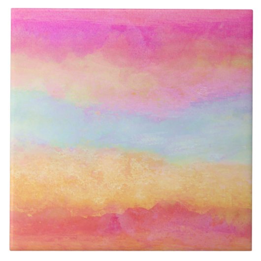 ピンクブルーイエローレインボーストライプ抽象芸術 タイル (正面)