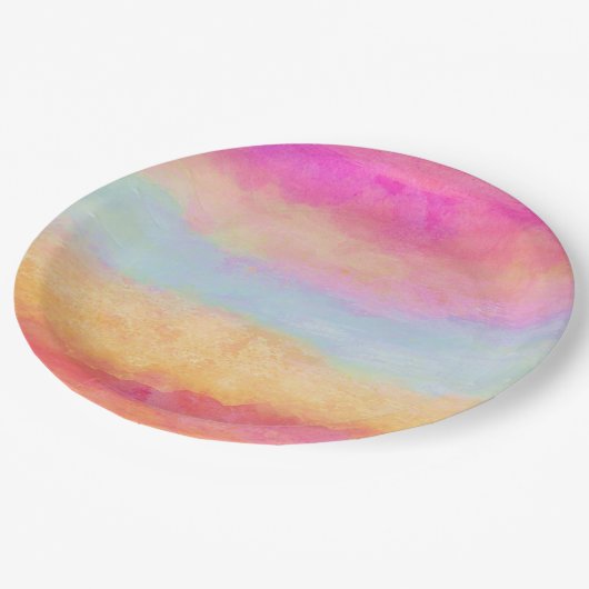 ピンクブルーイエローレインボーストライプ抽象芸術 ペーパープレート (アングル)