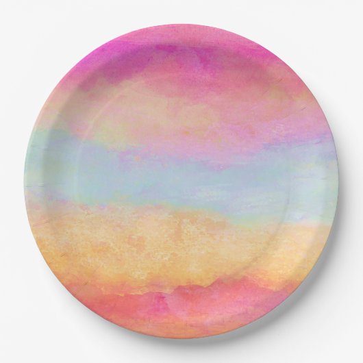 ピンクブルーイエローレインボーストライプ抽象芸術 ペーパープレート (正面)