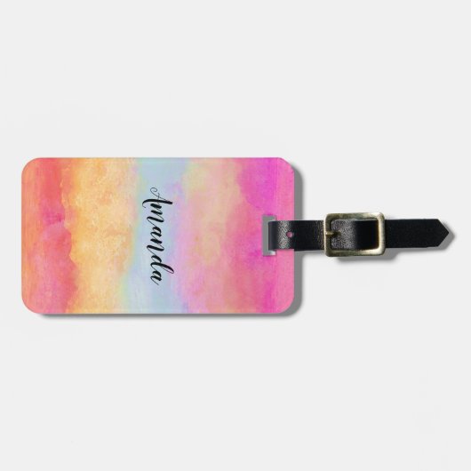 ピンクブルーイエローレインボーストライプ抽象芸術 ラゲッジタグ (正面横)