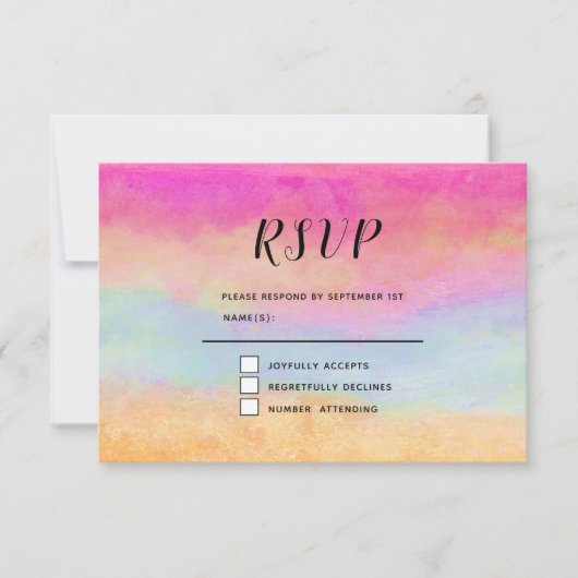 ピンクブルーイエローレインボーストライプ抽象芸術 出欠カード (正面)