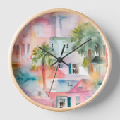 ピンクブルーウォーターカラーハウストロピカルパーム 壁時計 (正面)
