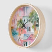 ピンクブルーウォーターカラーハウストロピカルパーム 壁時計 (傾斜)